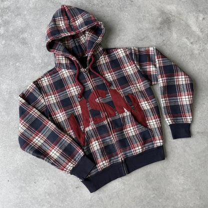Retro Plaid Print Zip Up Hooded Sweatshirt
