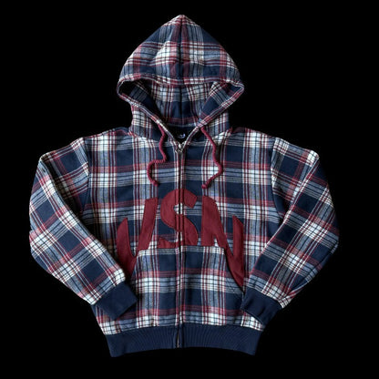 Retro Plaid Print Zip Up Hooded Sweatshirt