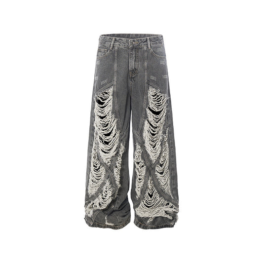 Hole-damaged jeans are loose.