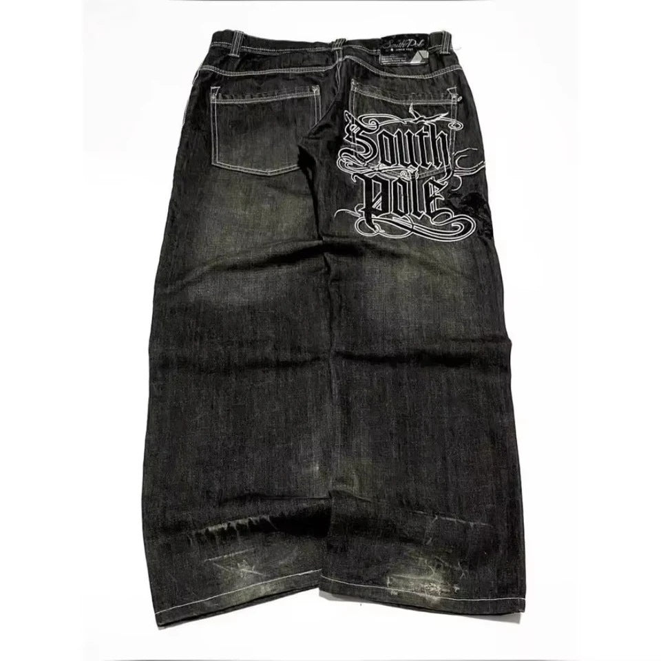 Vintage Washed Loose Fit Embroidered Denim Jeans