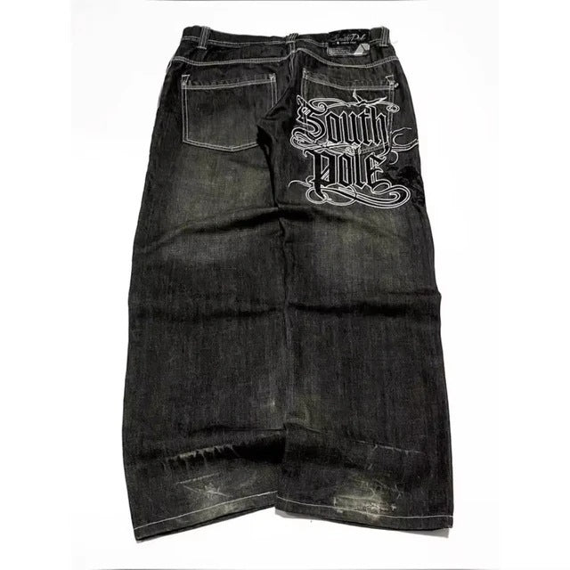 Vintage Washed Loose Fit Embroidered Denim Jeans