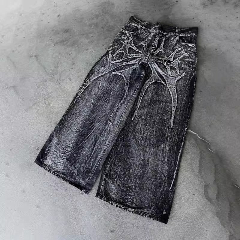 Retro Distressed Patchwork Wide-Leg Jeans