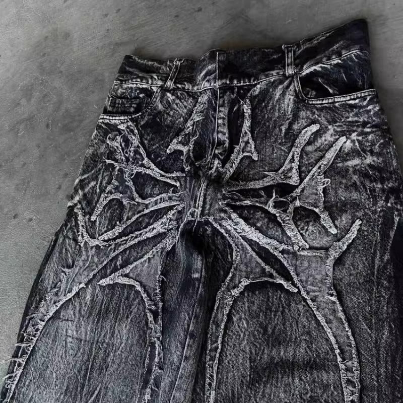 Retro Distressed Patchwork Wide-Leg Jeans