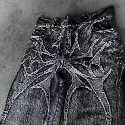 Retro Distressed Patchwork Wide-Leg Jeans