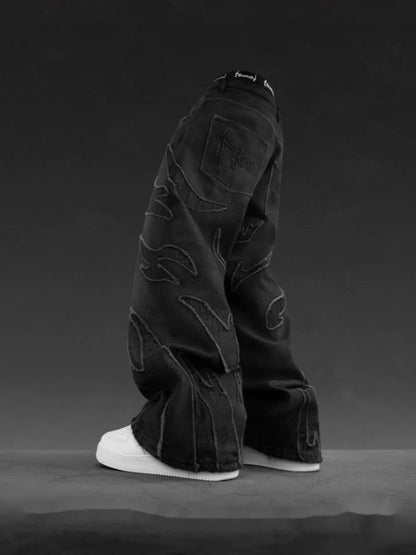 American Harajuku Retro Bat Pattern Embroidered Loose Jeans