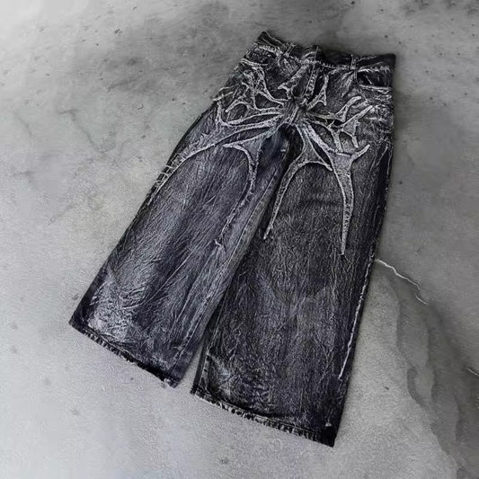 Retro Distressed Patchwork Wide-Leg Jeans