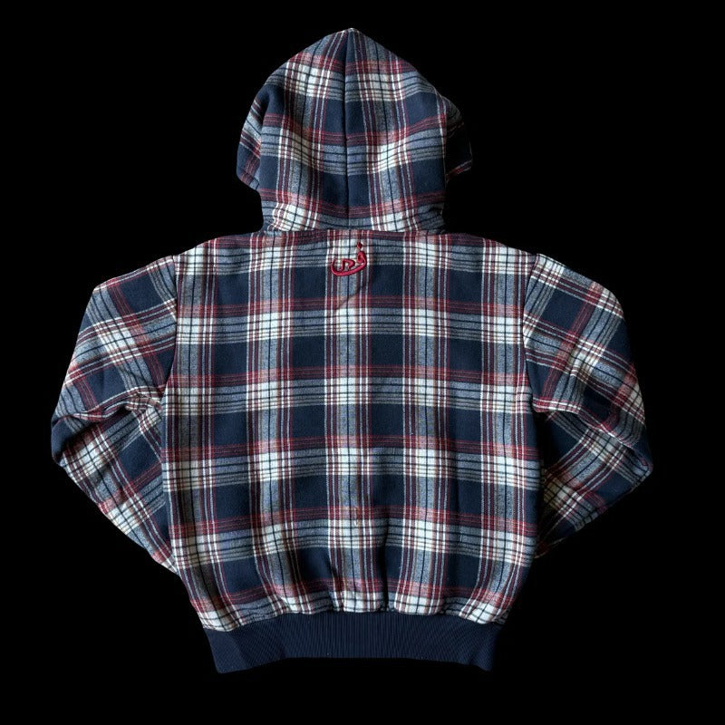 Retro Plaid Print Zip Up Hooded Sweatshirt